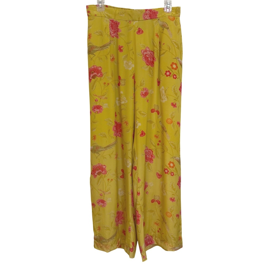Paulmi & Harsh Luxury Yellow Floral Bird Print Wide Leg Pants XXL India New